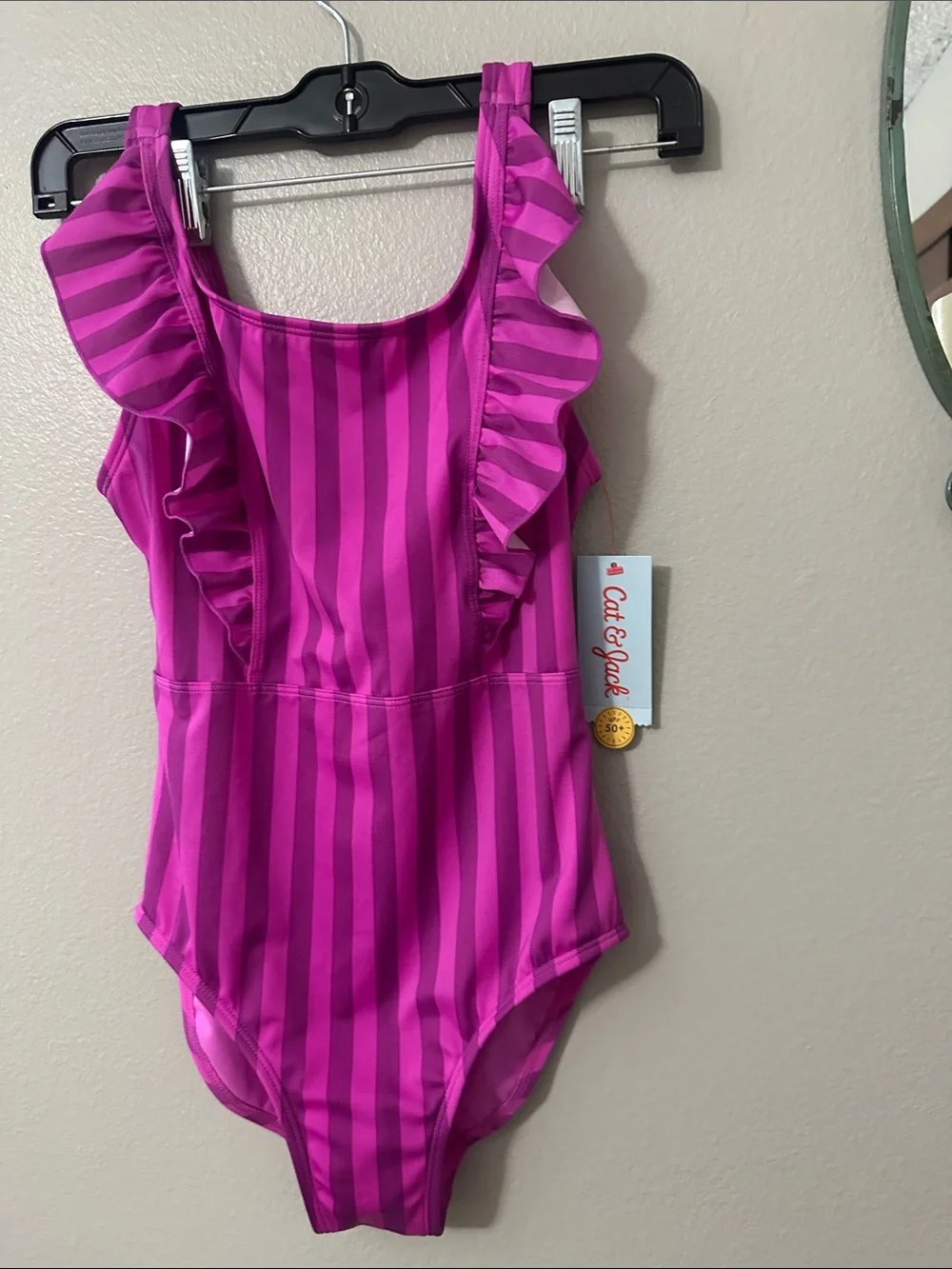 Cat & Jack Pink Striped Ruffle One-Piece Swimsuit Sz L (10/12) NWT